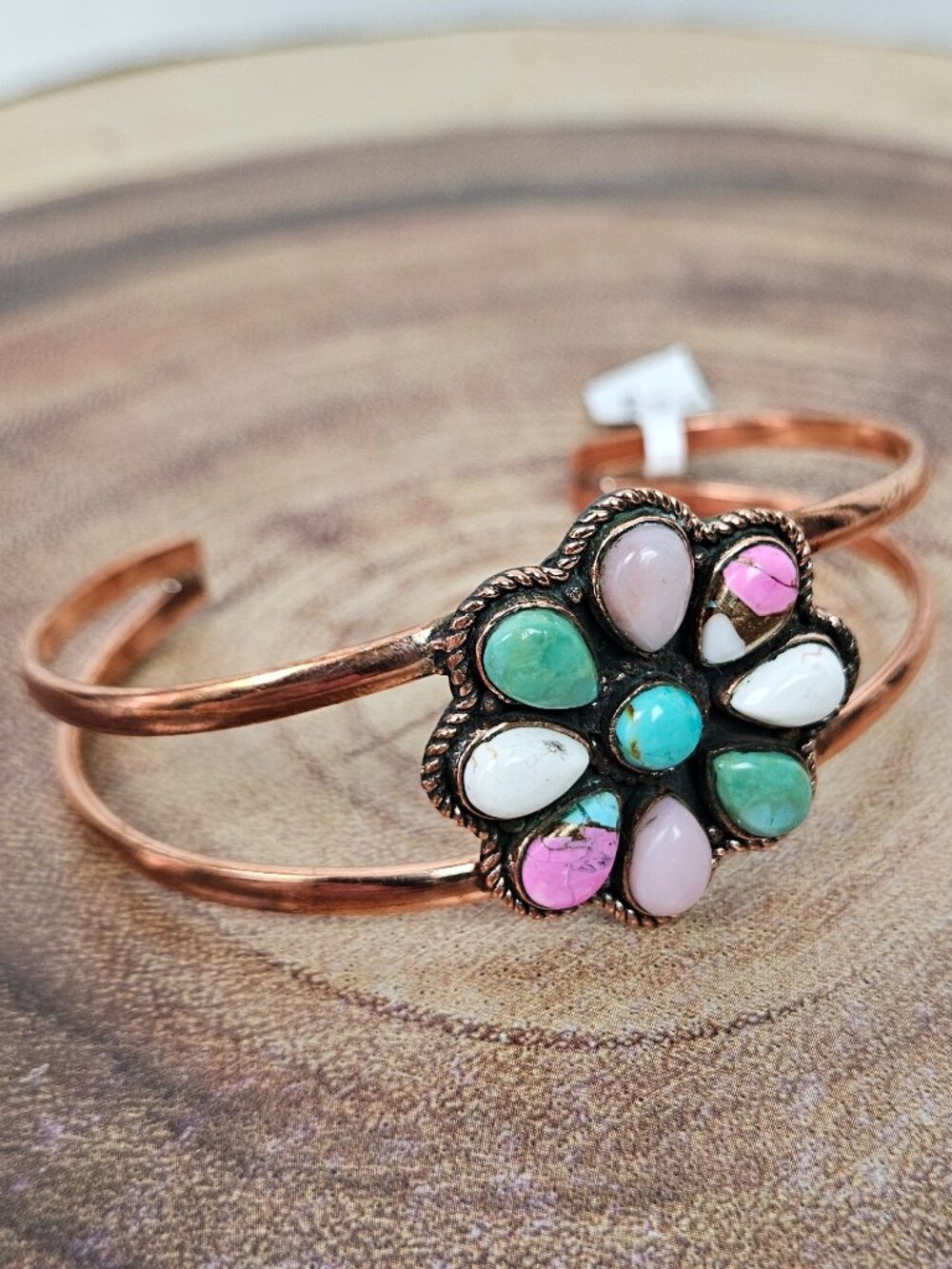 NWT Copper Multi Stone Turquoise Flower Cluster Double Band Cuff 6.5"-7.5"